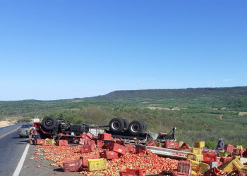 Caminhão carregado de tomate tomba na BR-316 e carga é saqueada
